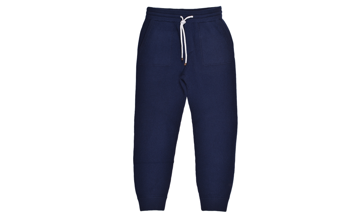 100% Cashmere Ribbed Fashion Knit Travel Drawstring Sweatpants "Navy" BRUN528