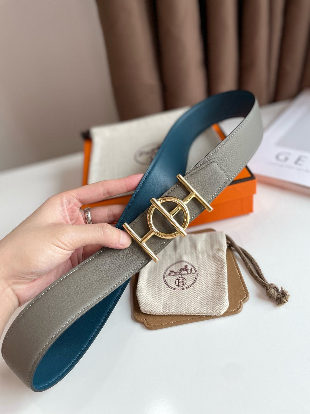 H ULYSSE BELT 38MM GOLD BUCKLE BLUE GREY LEATHER