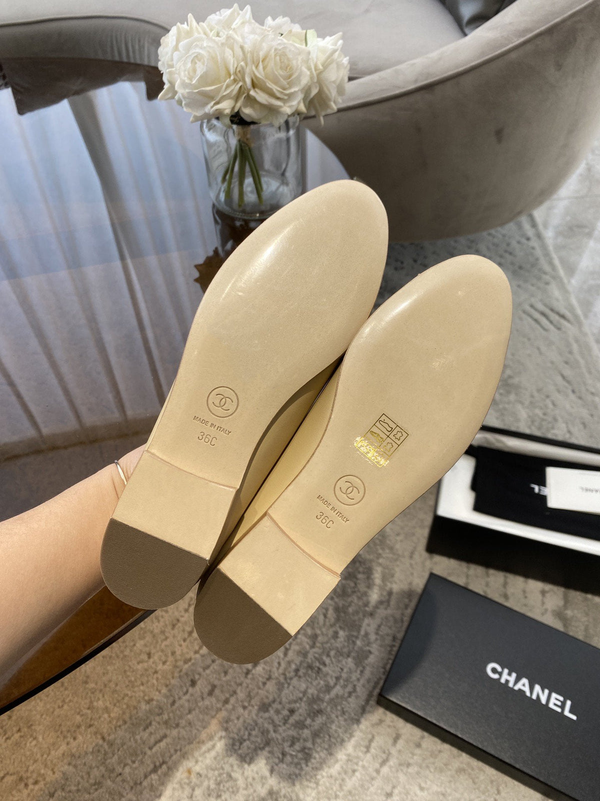 CHANEL BALLET FLATS BEIGE SILVER LAMBSKIN CANVAS