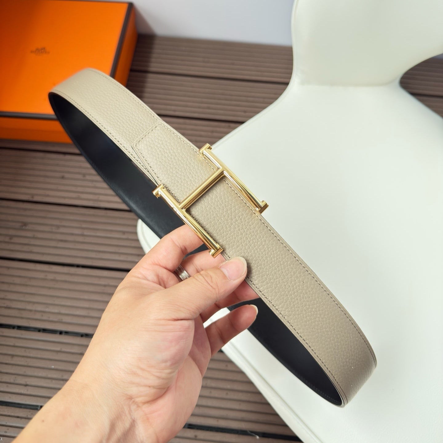 H JUMPING BELT 38MM GOLD BUCKLE & REVERSIBLE NUDE AND BLACK LEATHER