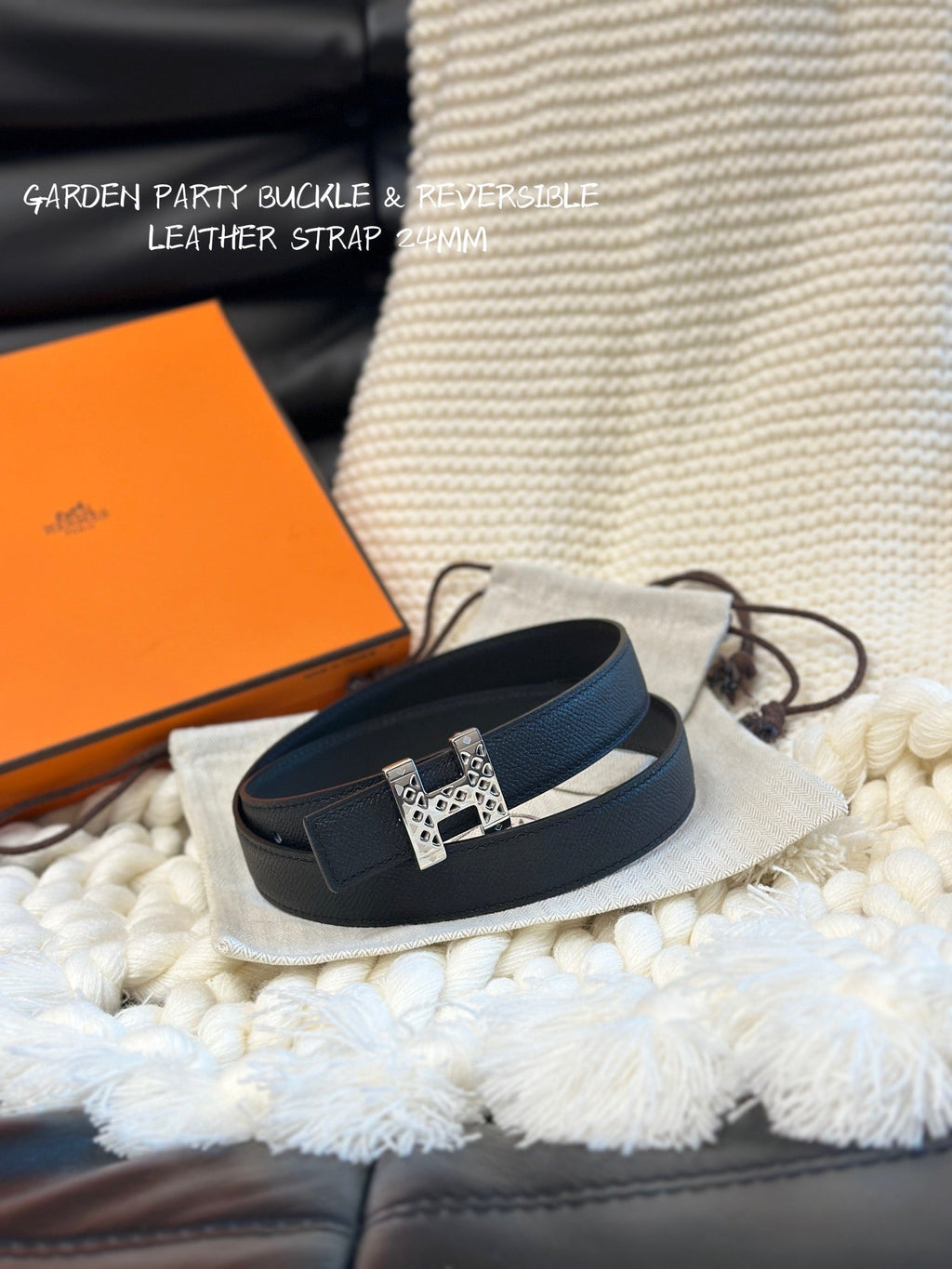 H GARDEN PARTY BELT 24MM SILVER BUCKLE & REVERSIBLE BLACK LEATHER