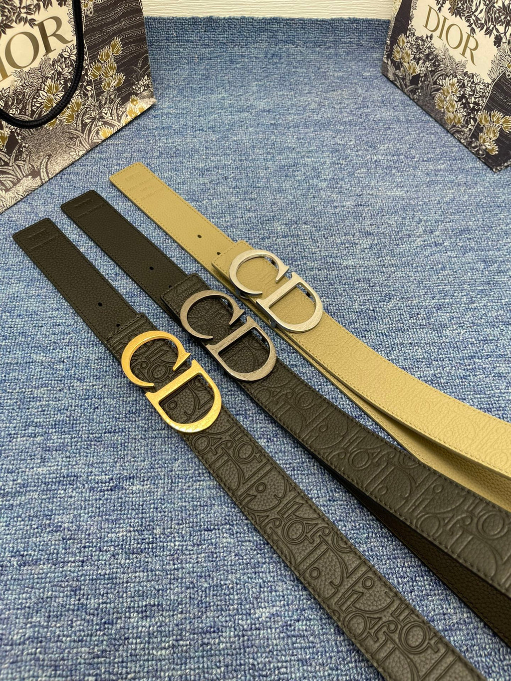 CD Belt 35mm Kumo Cannage Pattern Black Leather Gold Buckle