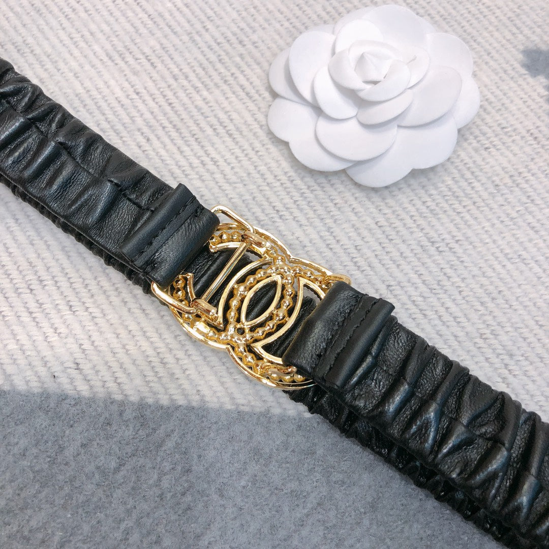 CC Rhinestone Logo Buckle 30mm Elastic Black Gold Lambskin Belt 614237