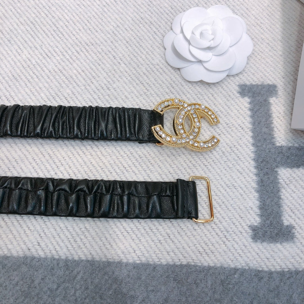CC Rhinestone Logo Buckle 30mm Elastic Black Gold Lambskin Belt 614237