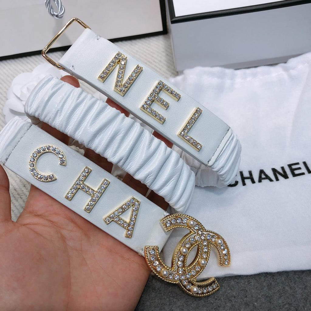 CC Elastic Belt 30mm Gold Rhinestone Logo White Cowhide 614214