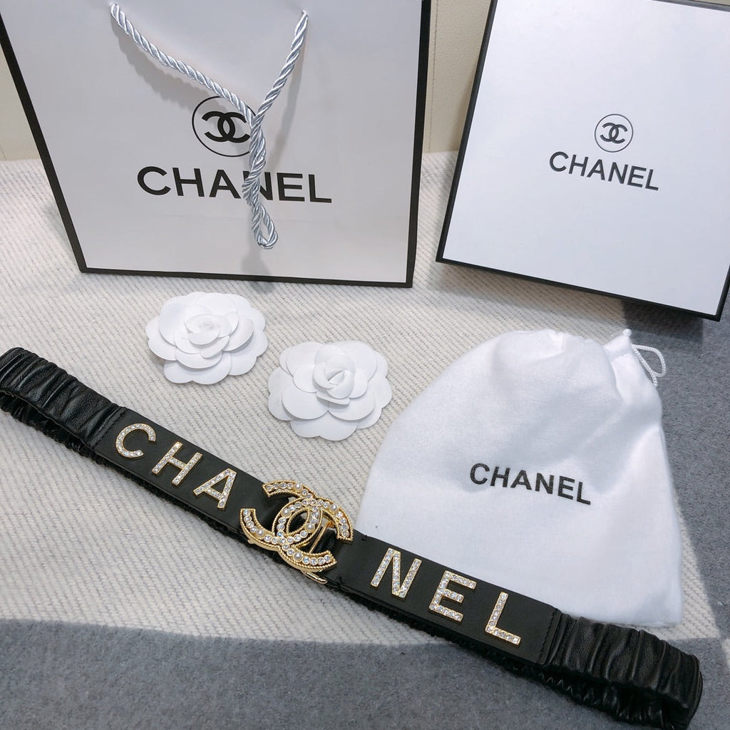 CC Elastic Belt 30mm Gold Rhinestone Logo Black Cowhide 614213