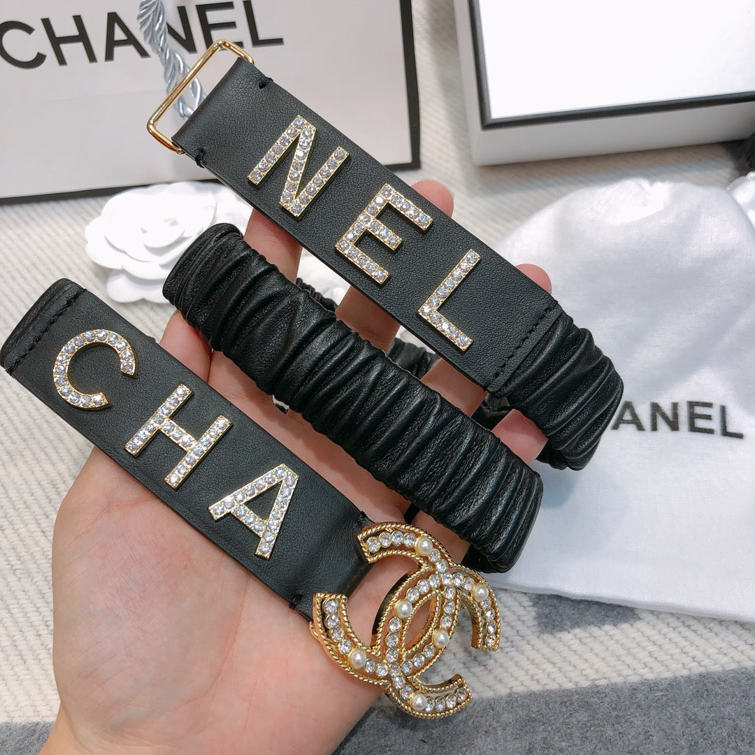 CC Elastic Belt 30mm Gold Rhinestone Logo Black Cowhide 614213