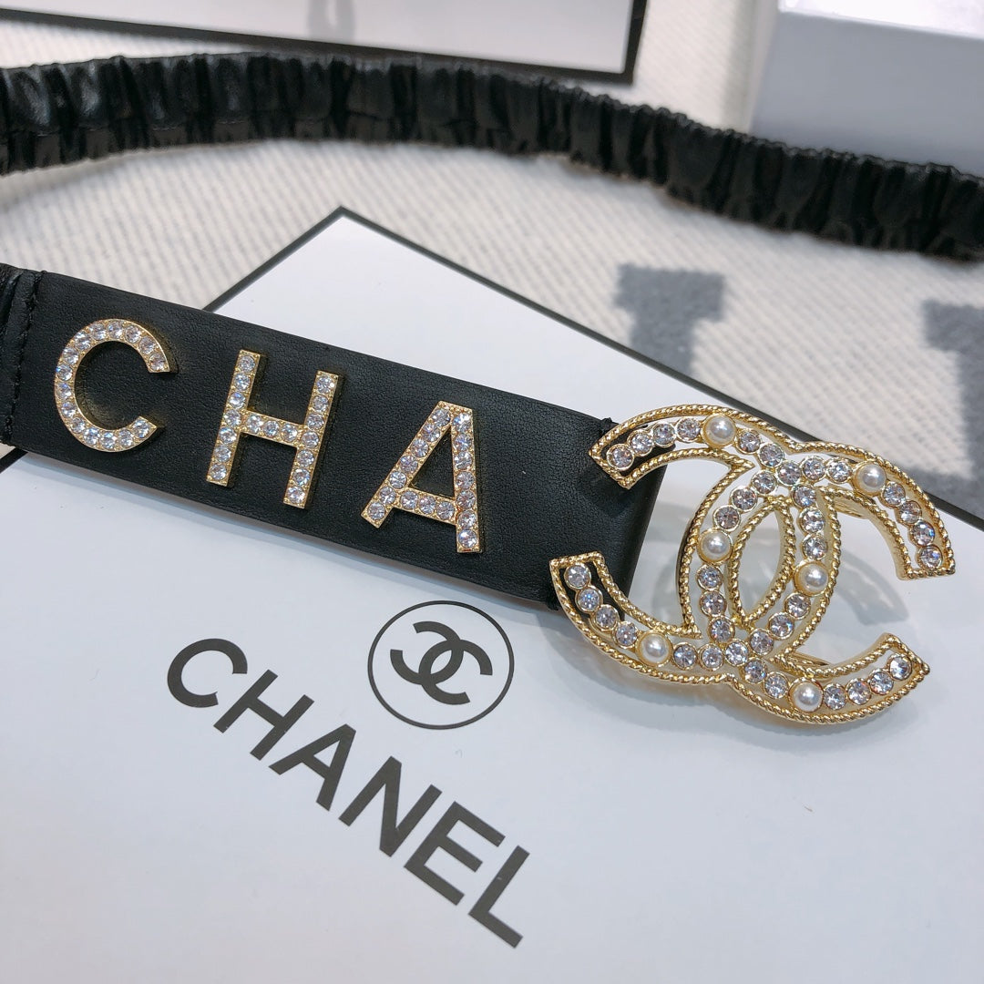 CC Elastic Belt 30mm Gold Rhinestone Logo Black Cowhide 614213