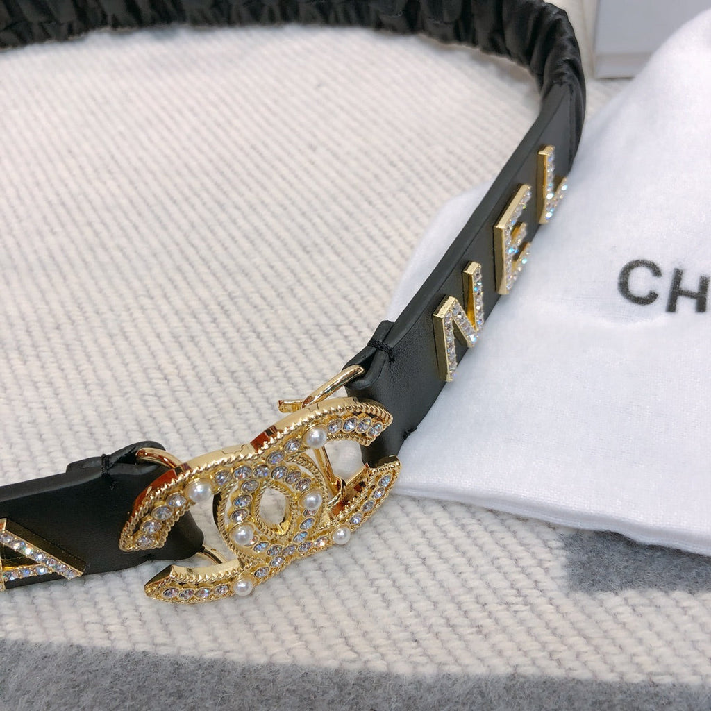 CC Elastic Belt 30mm Gold Rhinestone Logo Black Cowhide 614213