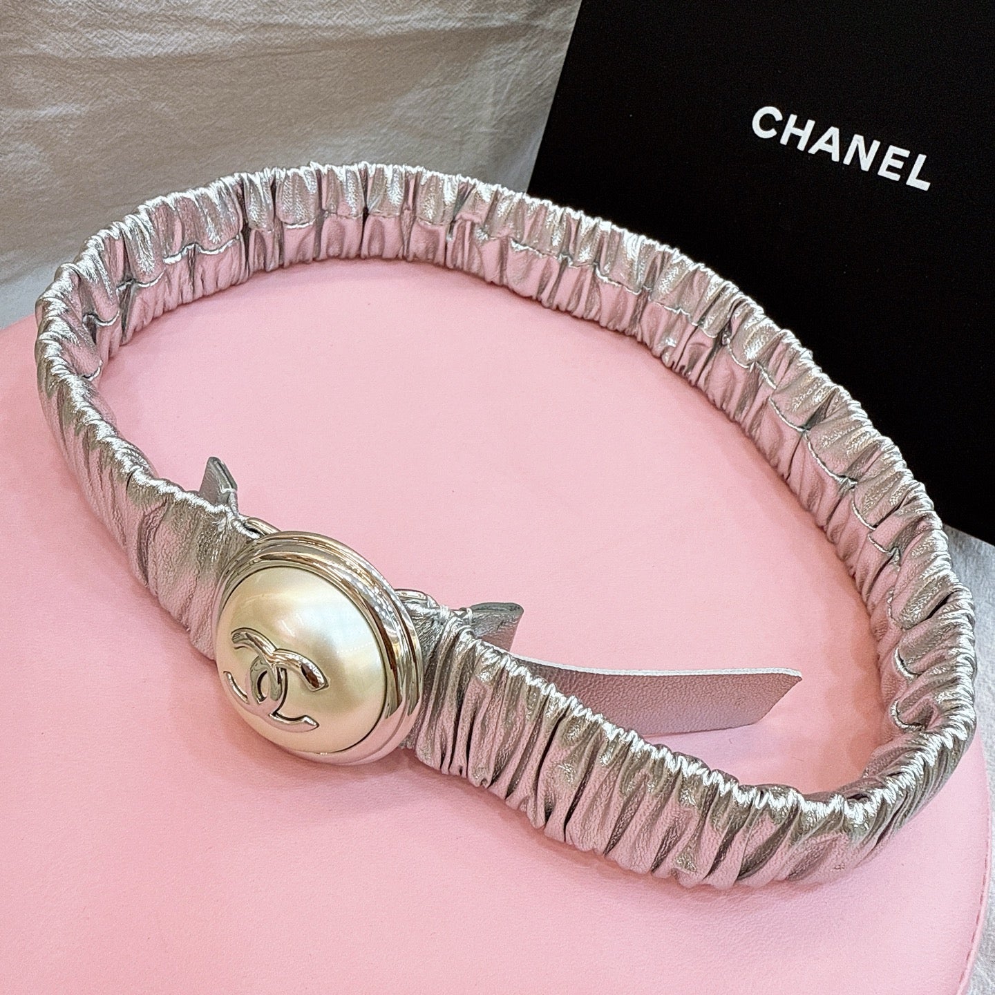 CC Stamp Buckle Women Belt 30mm Elastic Silver Cowhide 196842