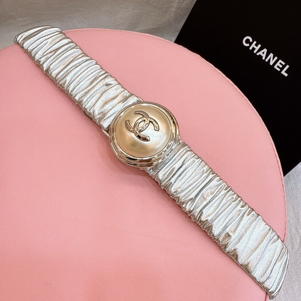 CC Stamp Buckle Women Belt 30mm Elastic Silver Cowhide 196842