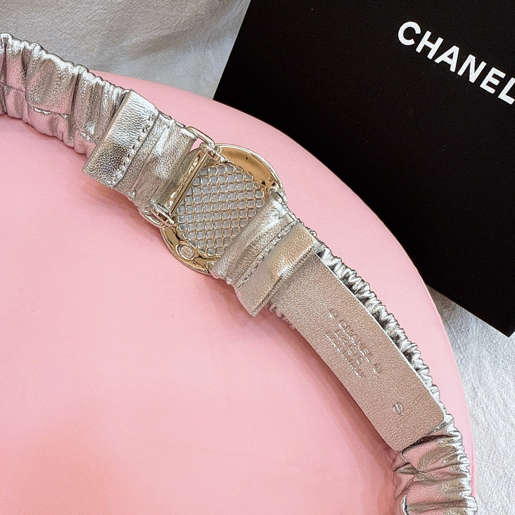 CC Stamp Buckle Women Belt 30mm Elastic Silver Cowhide 196842