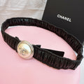 CC Stamp Buckle Women Belt 30mm Elastic Black Cowhide 196840
