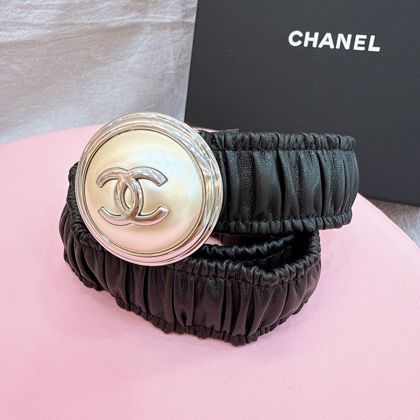 CC Stamp Buckle Women Belt 30mm Elastic Black Cowhide 196840