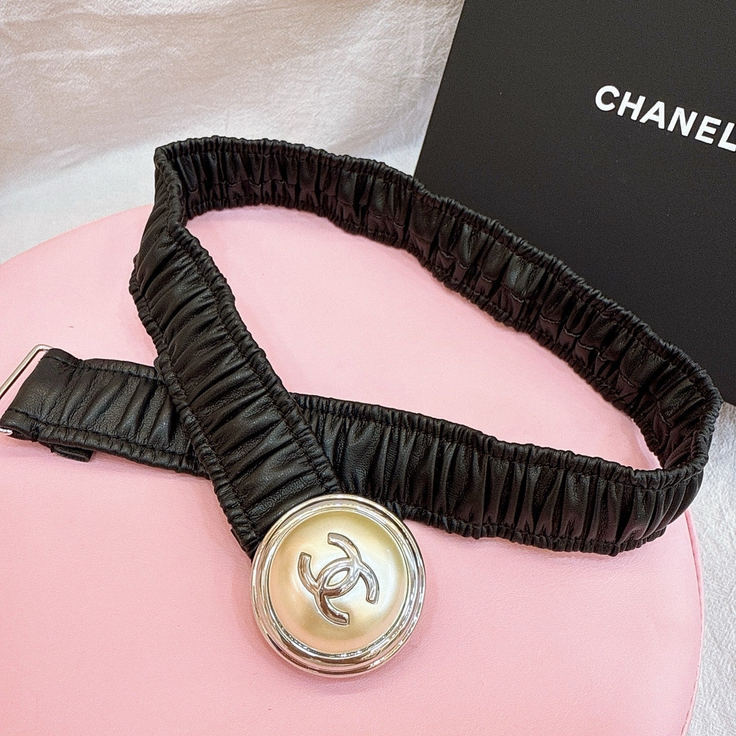 CC Stamp Buckle Women Belt 30mm Elastic Black Cowhide 196840