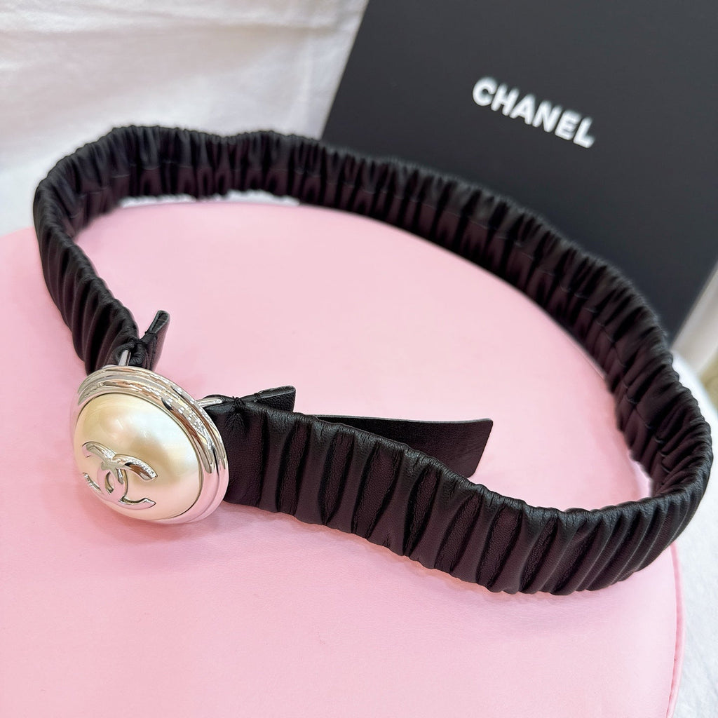 CC Stamp Buckle Women Belt 30mm Elastic Dark Brown Cowhide 196839