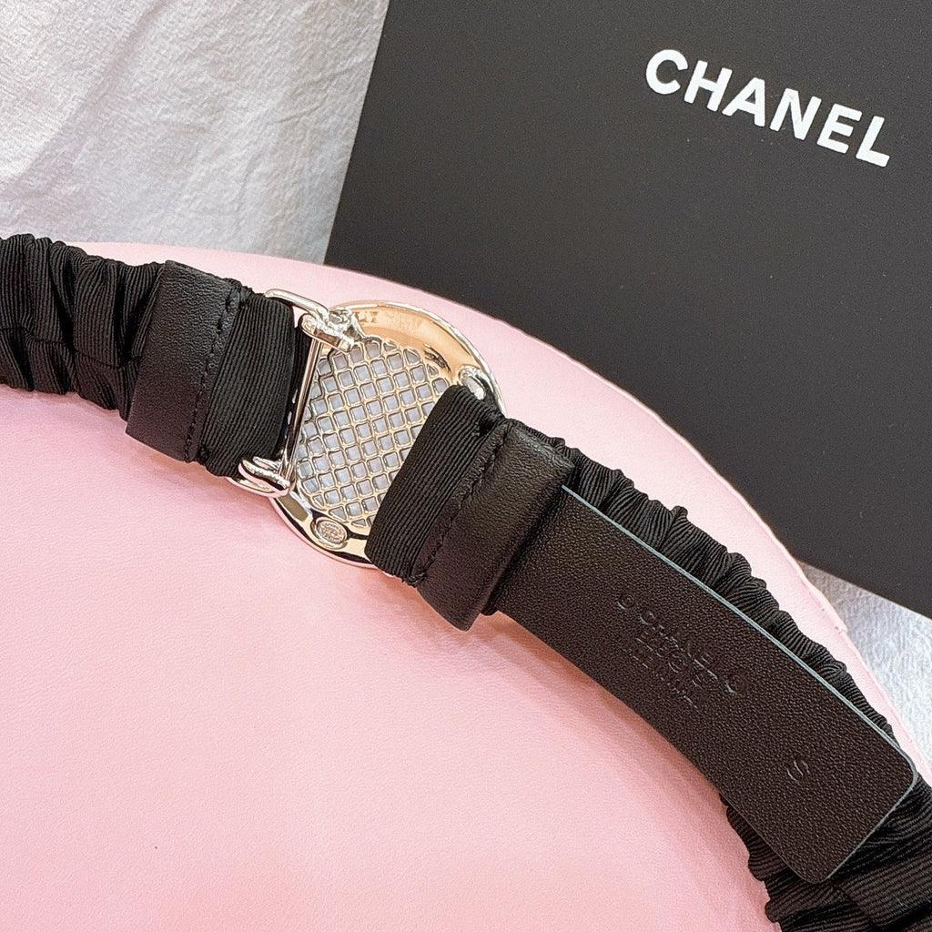 CC Stamp Buckle Women Belt 30mm Elastic Black Cowhide 196837