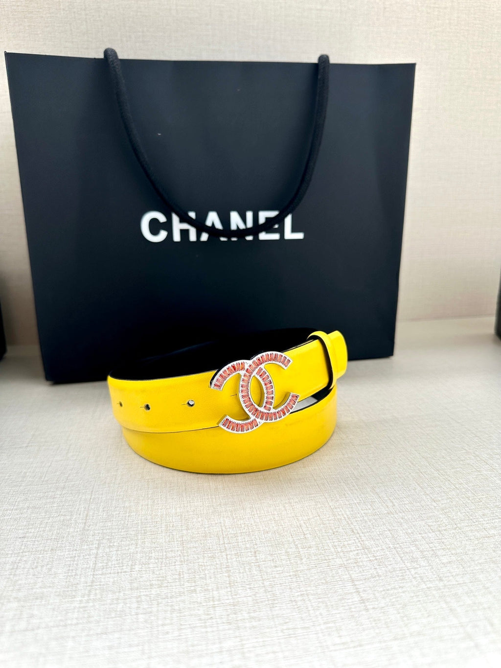 CC Women's Belt 3.0CM Yellow Black Cowhide Red Buckle 616967
