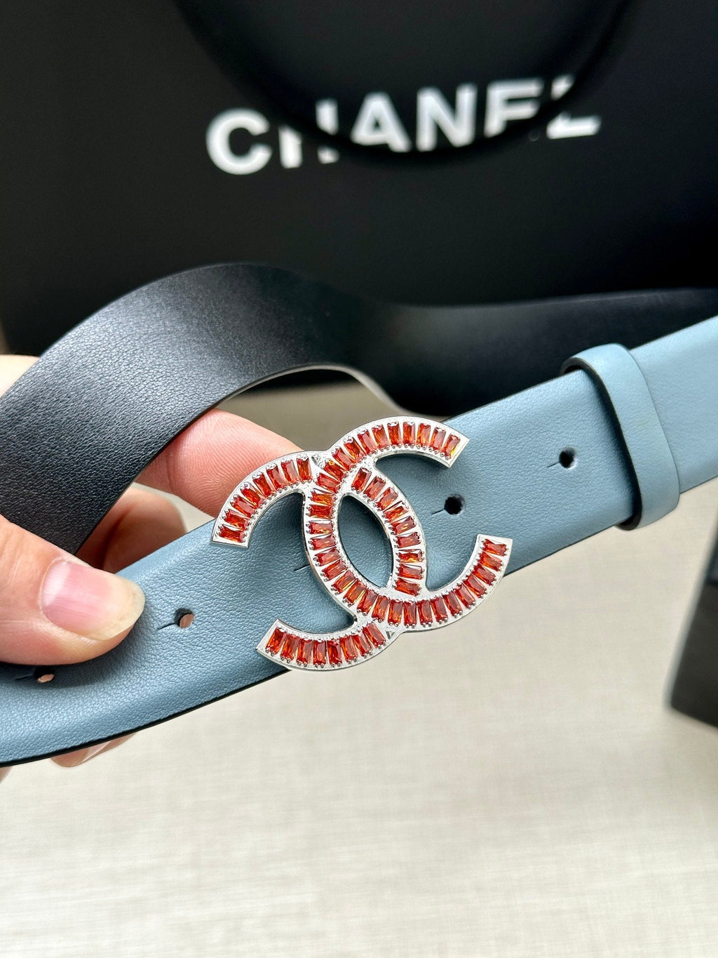 CC Women's Belt 3.0CM Light Blue Black Cowhide Red Buckle 616966