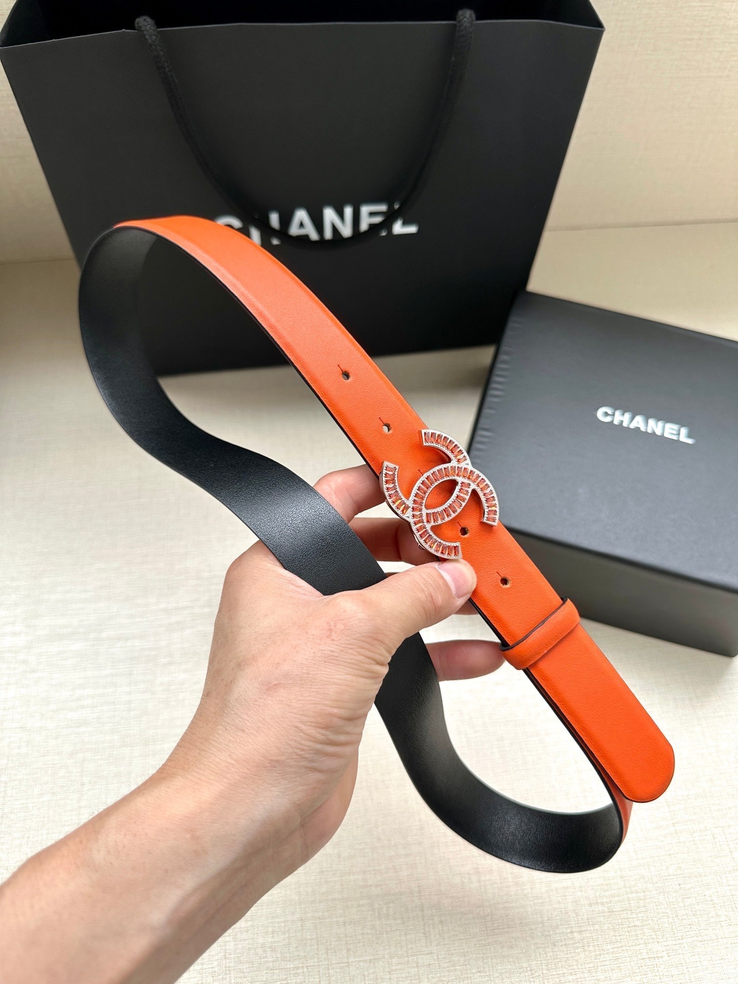 CC Women's Belt 3.0CM Orange Black Cowhide Red Buckle 616965