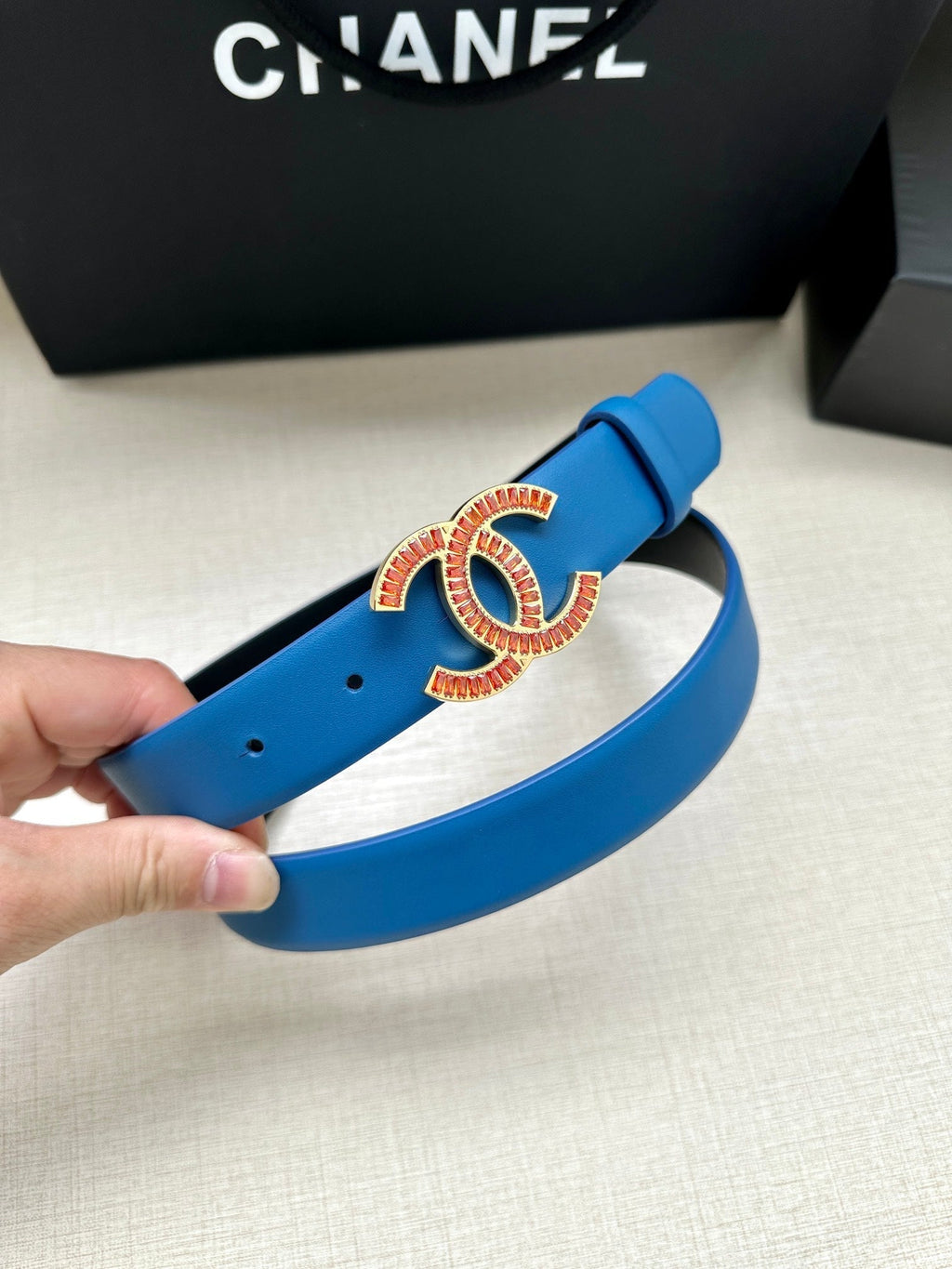CC Women's Belt 3.0CM Blue Black Cowhide Red Buckle 616963