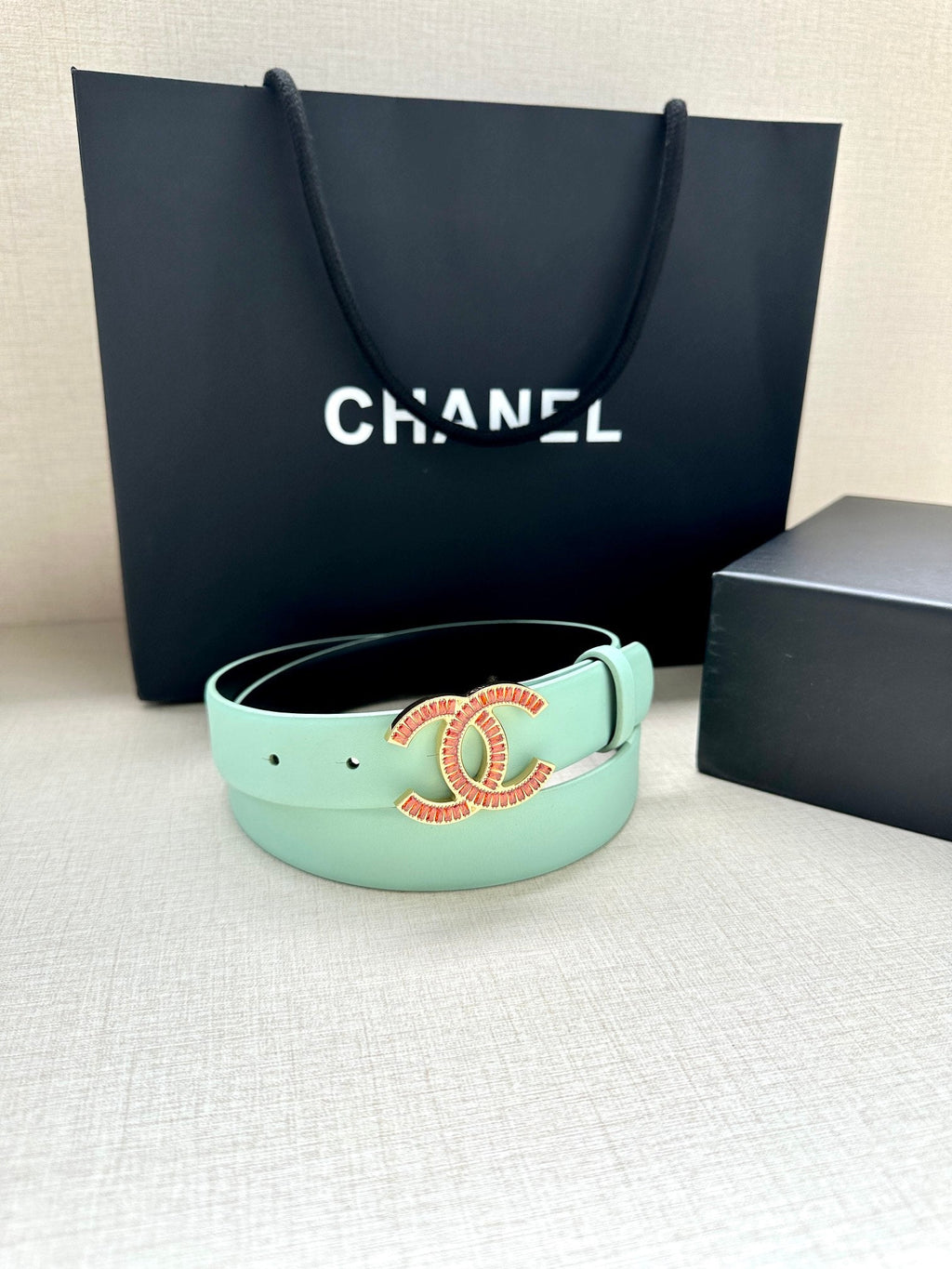 CC Women's Belt 3.0CM Mint Green Black Cowhide Red Buckle 616962
