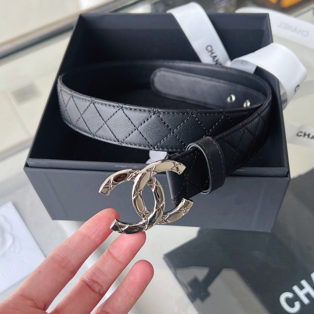 CC Women's Belt 3.0CM Black Cowhide Sliver Buckle 616604