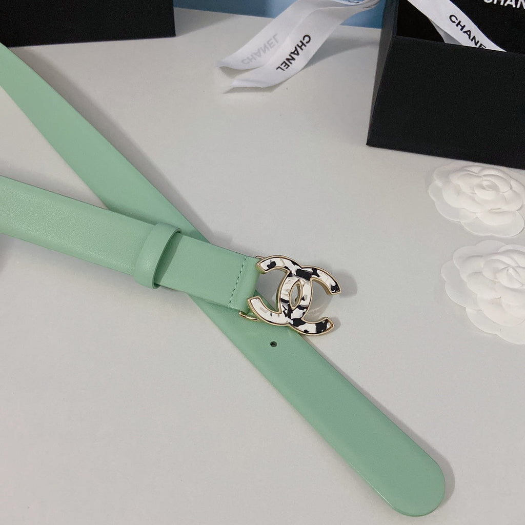 CC Women's Belt 3.0CM Light Green Cowhide White Black Buckle 597644