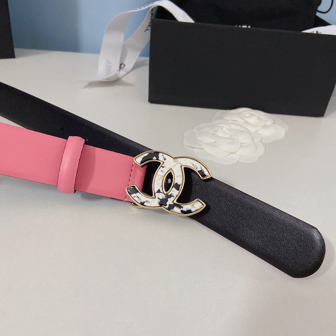 CC Women's Belt 3.0CM Pink Calfskin White Black Buckle 597642
