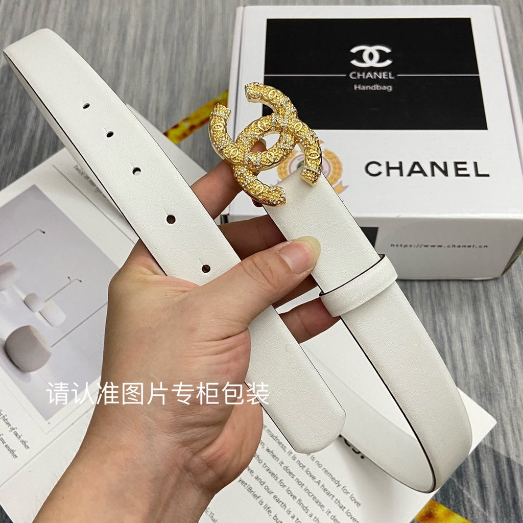 CC Women's Belt 3.0CM White Cowhide Gold Buckle 586527
