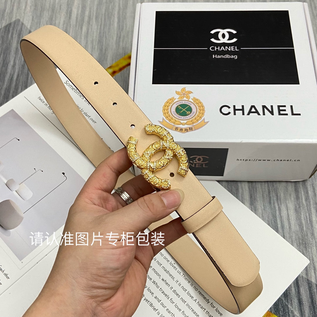 CC Women's Belt 3.0CM Beige Cowhide Gold Buckle 586526