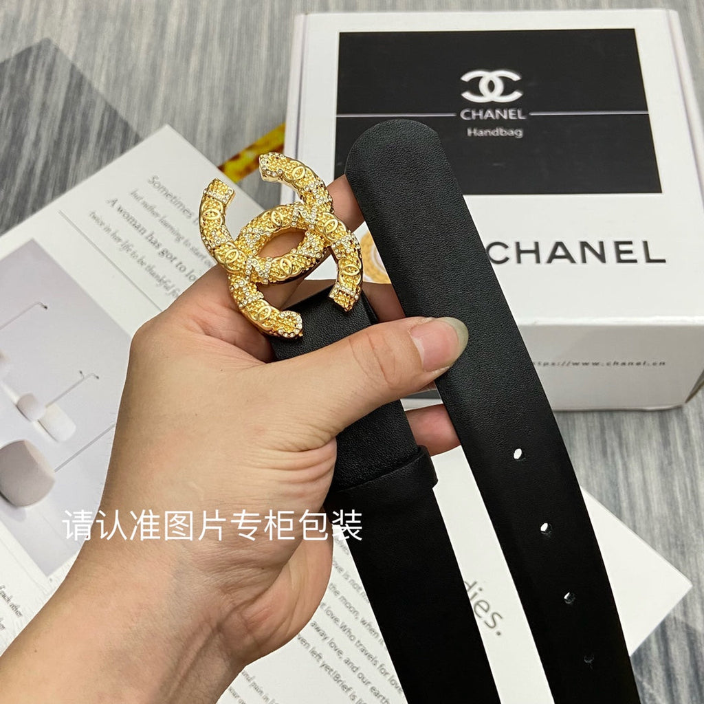 CC Women's Belt 3.0CM Black Cowhide Gold Buckle 586522