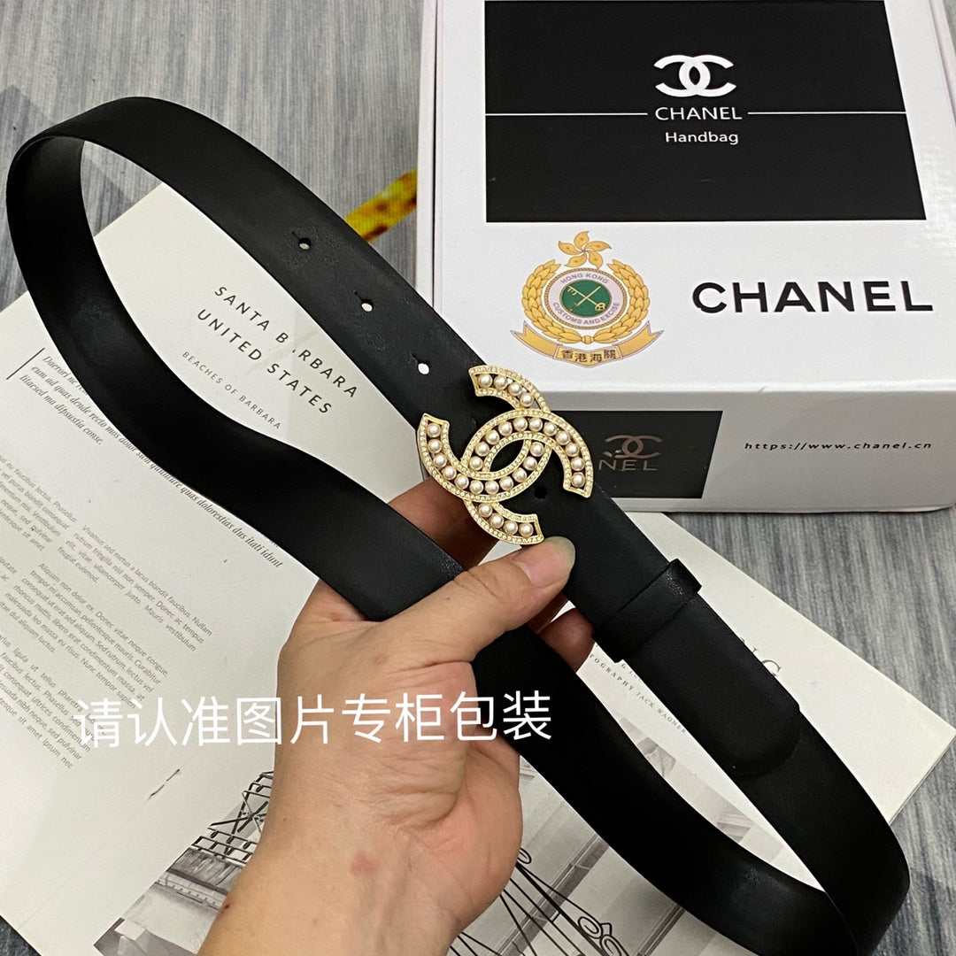 CC Women's Belt 3.0CM Black Cowhide Gold Pearl Buckle 586521
