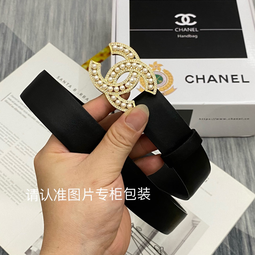 CC Women's Belt 3.0CM Black Cowhide Gold Pearl Buckle 586521