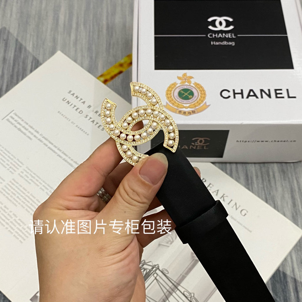 CC Women's Belt 3.0CM Black Cowhide Gold Pearl Buckle 586521
