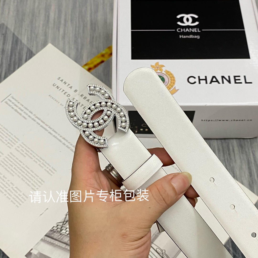 CC Women's Belt 3.0CM White Cowhide Sliver Pearl Buckle 586520