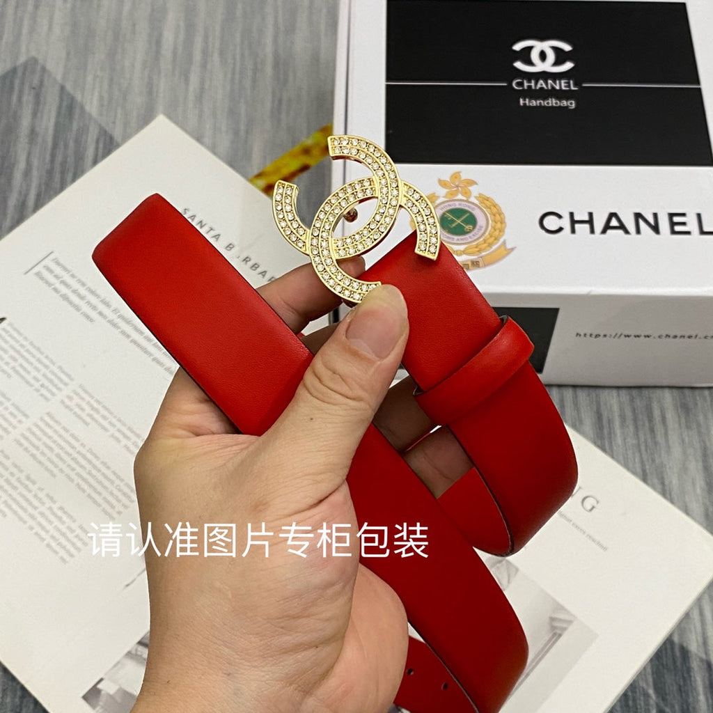 CC Women's Belt 3.0CM Red Cowhide Gold Diamond Buckle 586517
