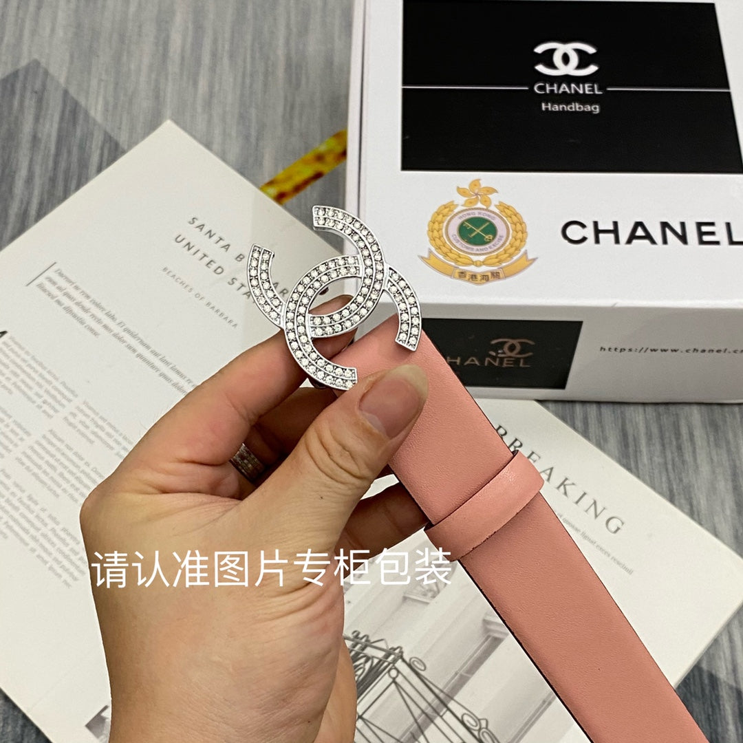 CC Women's Belt 3.0CM Pink Cowhide Sliver Diamond Buckle 586516