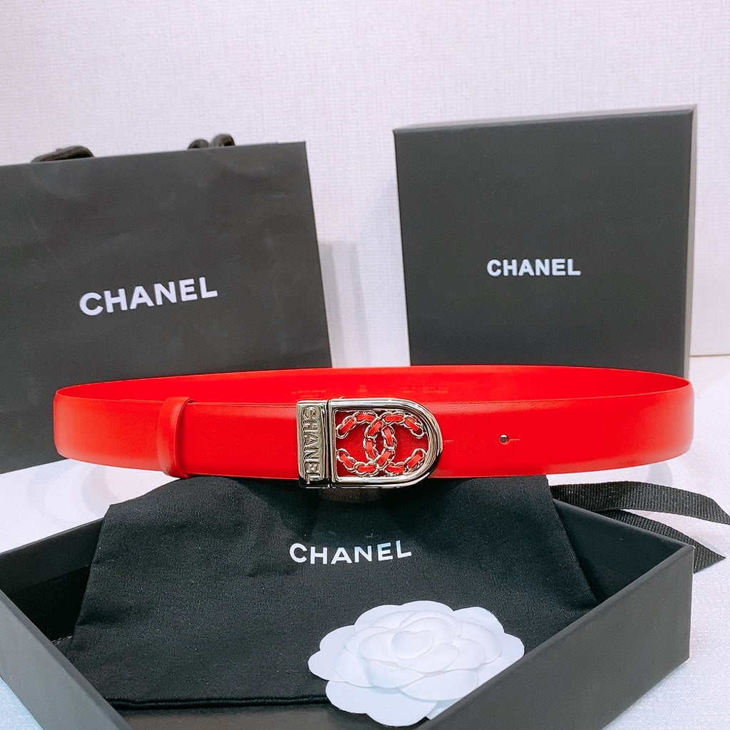 CC Women's Belt 3.0CM Red Calfskin Sliver Black Buckle 572530