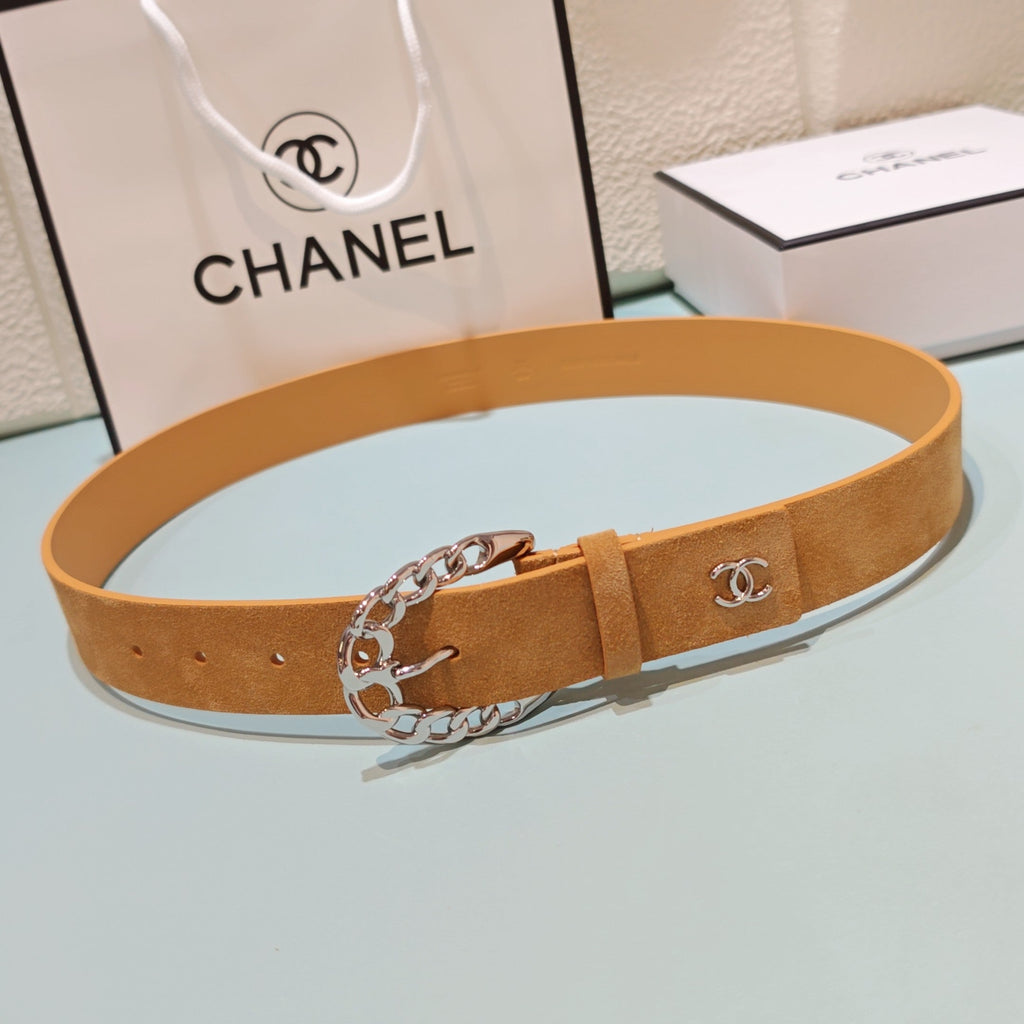 CC Belt 3.0CM Camel Brown Suede Sliver Buckle 198422