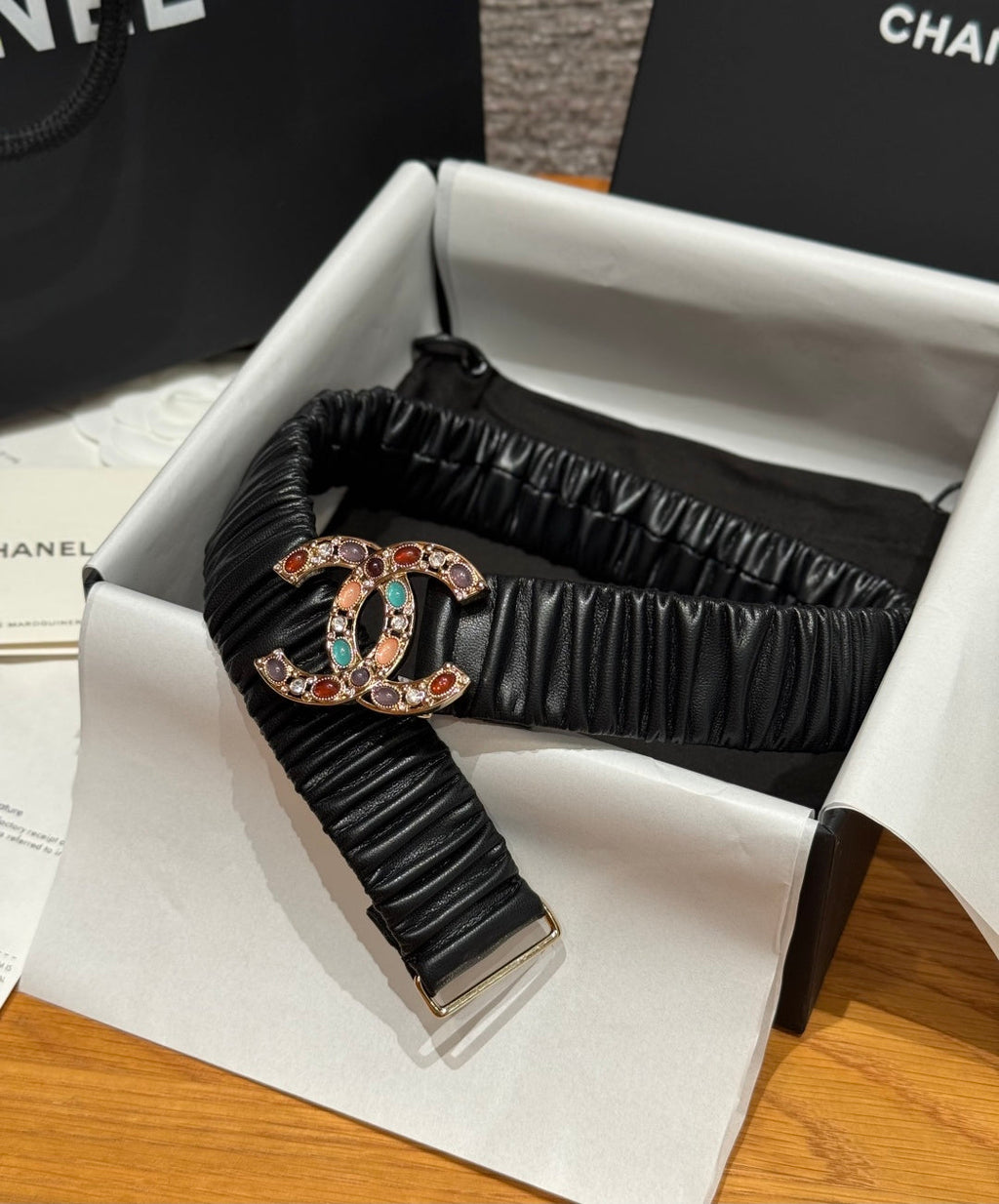 CC Rhinestone Belt 3.0CM Black Leather Multicolor Buckle 198416