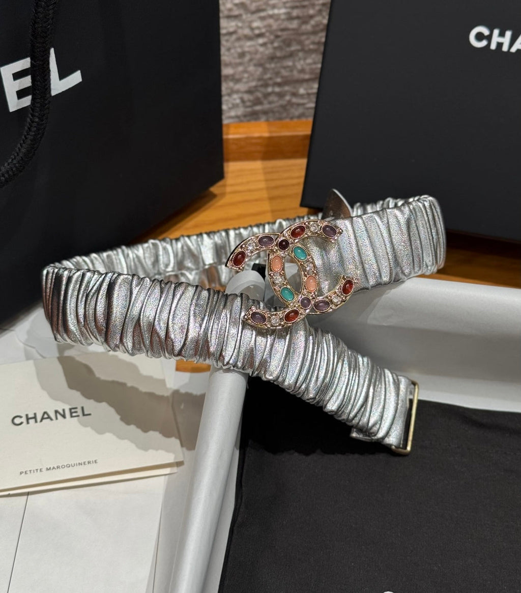 CC Rhinestone Belt 3.0CM Sliver Metallic Cowhide Multicolor Buckle 198411