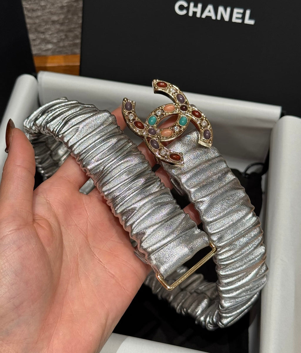 CC Rhinestone Belt 3.0CM Sliver Metallic Cowhide Multicolor Buckle 198411