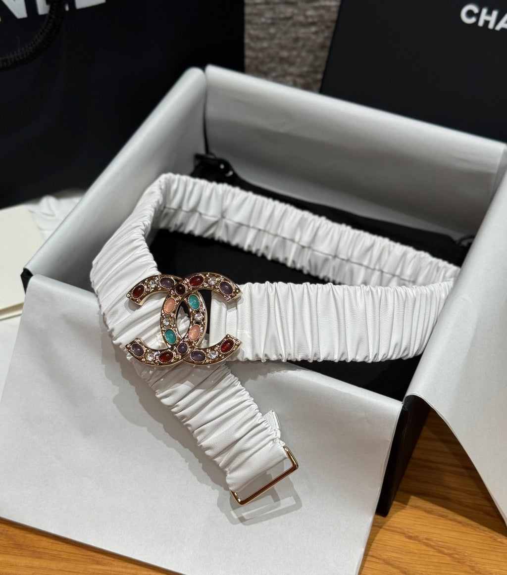 CC Rhinestone Belt 3.0CM White Cowhide Multicolor Buckle 198409