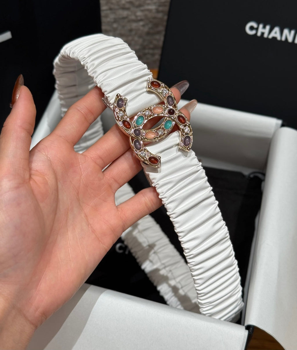 CC Rhinestone Belt 3.0CM White Cowhide Multicolor Buckle 198409