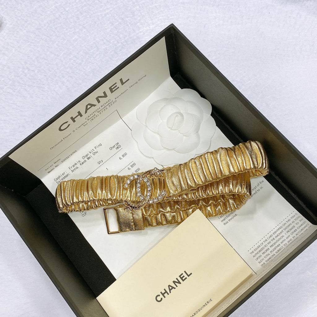 CC Women's Belt 3.0CM Gold Metallic Calfskin Gold Diamond Buckle 195972
