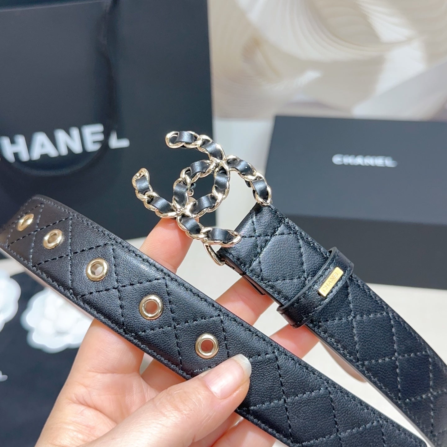 CC Women's Belt 3.0CM Black Lambskin Black Sliver Buckle 190580