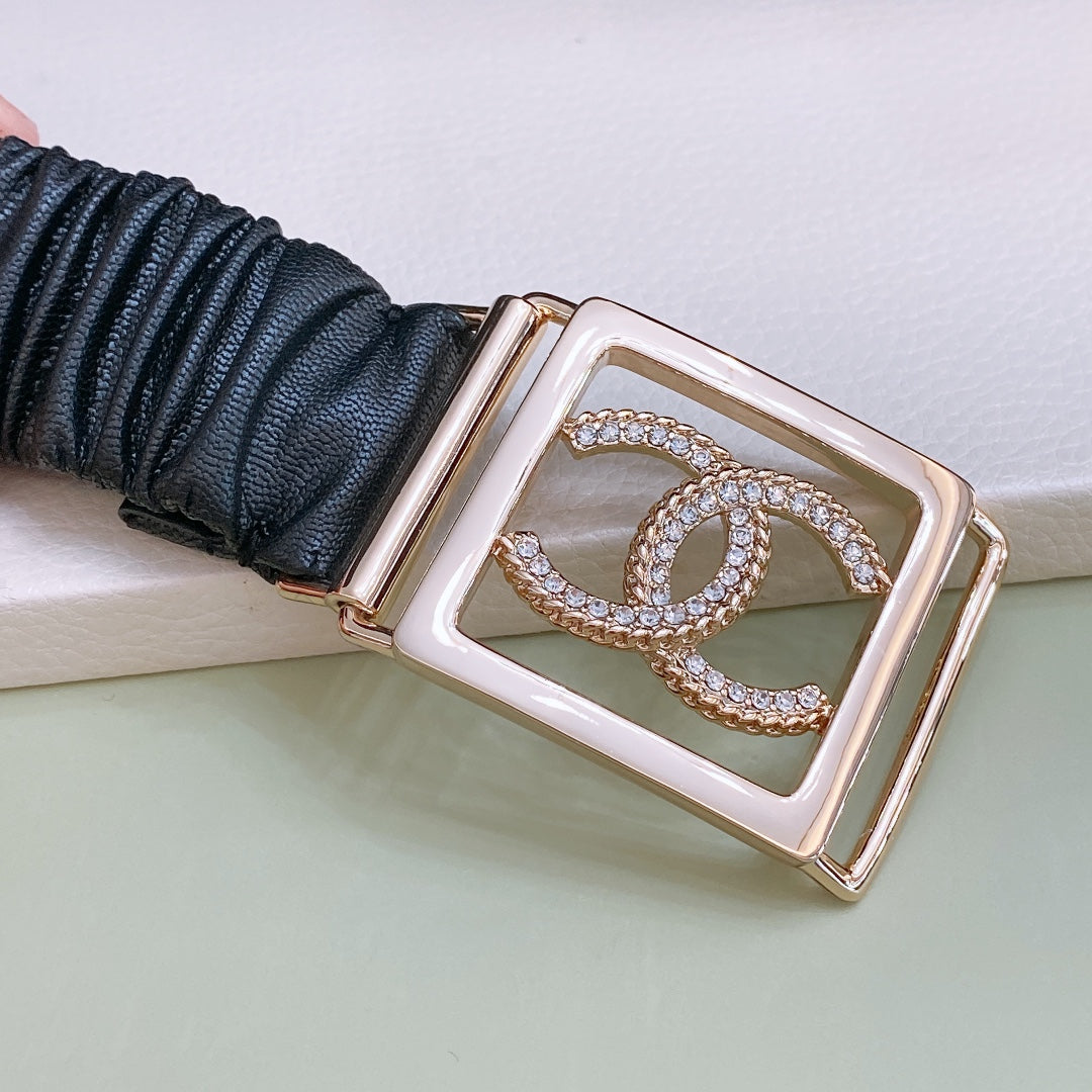 Chanel Rhinestones CC Square Buckle Belt Black  Gold in Calfskin  205357