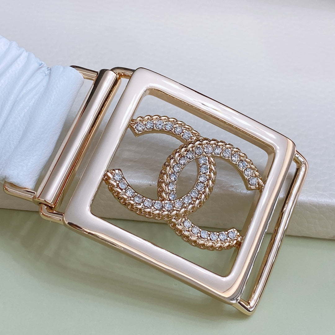 Chanel Rhinestones CC Square Buckle Belt Blue Gold in Calfskin  205354