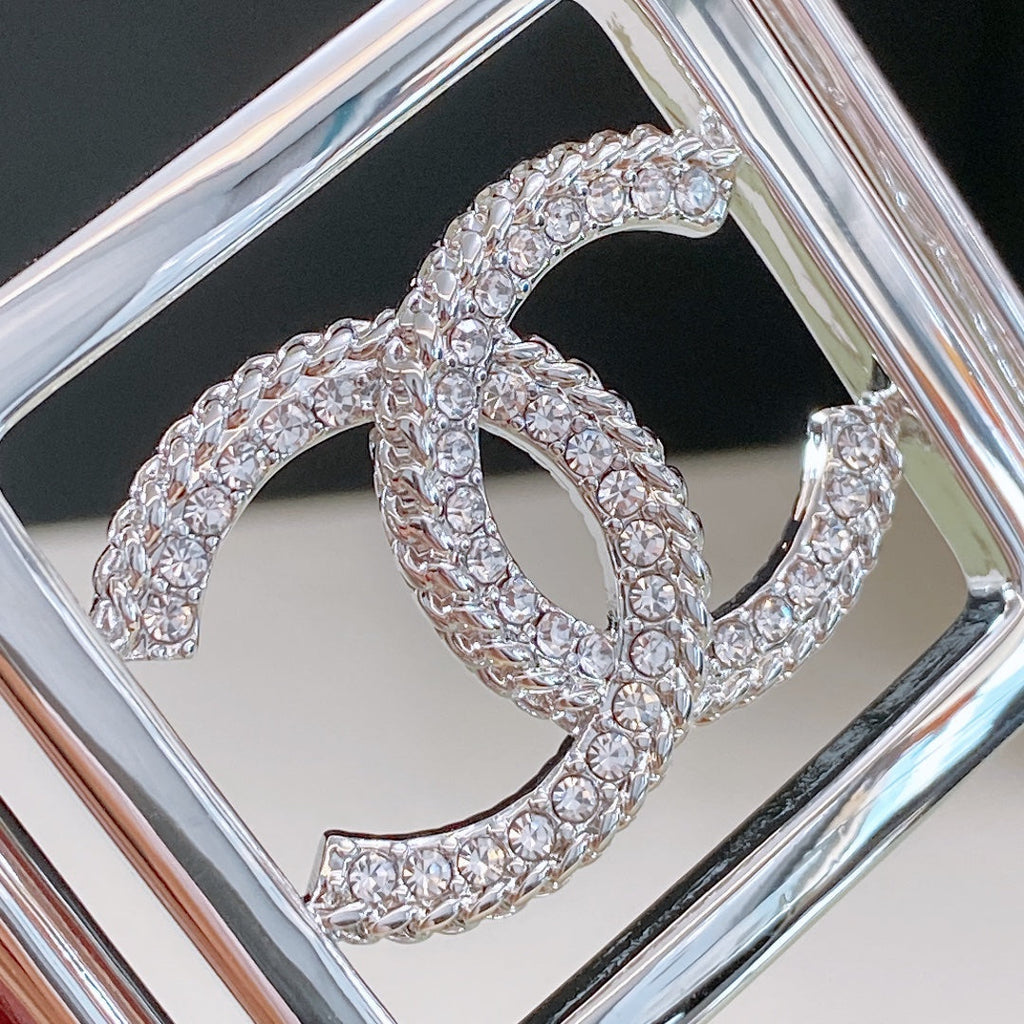 Chanel Rhinestones CC Square Buckle Belt Red Silver in Calfskin 205352